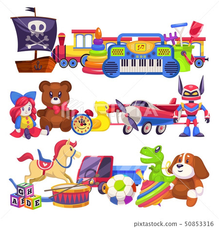 Toy piles. Cute colourful kid toys pile with car, sand pail, child plastic animal bear and dog, doll 50853316