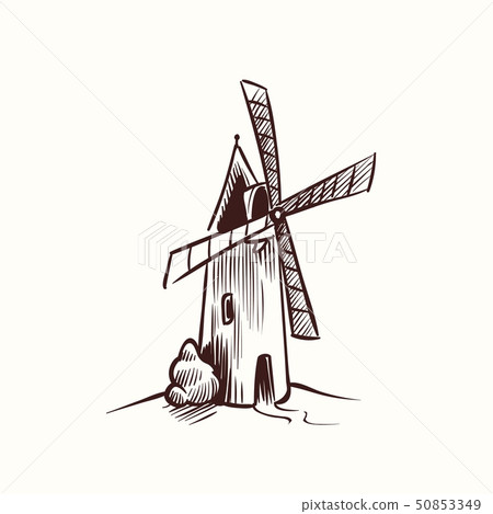 Mill sketch. village old rural windmill on agriculture ecology field of netherlands farm vector 50853349