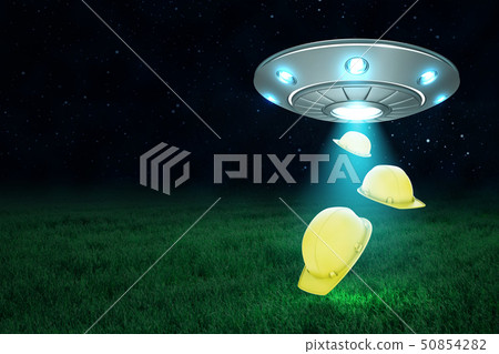 3d rendering of silver metal UFO with yellow hard hats on dark night sky and green grass background 3d rendering of silver metal UFO with yellow hard hats on dark night sky and green grass background 50854282