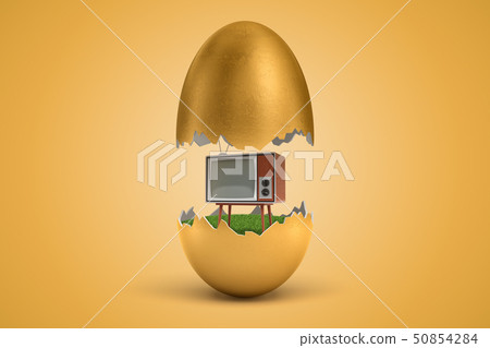 3d rendering of gold egg cracked in two, upper half levitating in air, retro TV set standing on 3d rendering of gold egg cracked in two, upper half levitating in air, retro TV set standing on 50854284