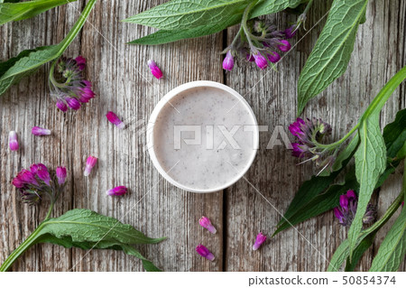 A jar of comfrey root ointment A jar of comfrey root ointment 50854374