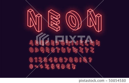 Neon isometric alphabet, Red color. Neon Font 50854580