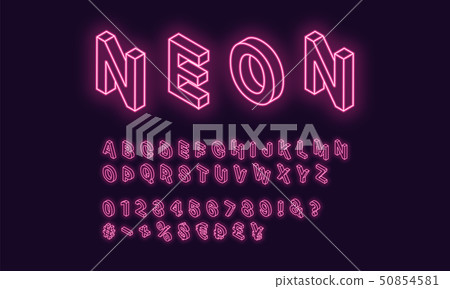Neon isometric alphabet, Pink color. Neon Font 50854581