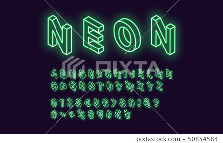 Neon isometric alphabet, Green color. Neon Font 50854583