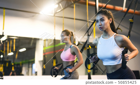 TRX training. Girls exercising with suspension trainer in the gym TRX training. Girls exercising with suspension trainer in the gym 50855425