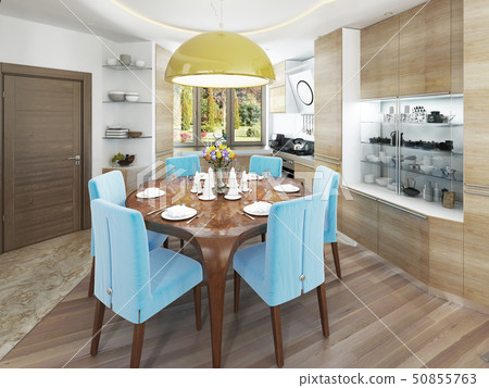 Modern dining room with kitchen in a trendy style 50855763