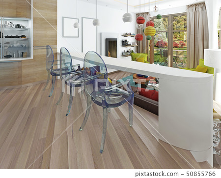 Modern white bar with three transparent chairs. 50855766