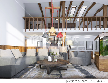 Living room with an aquarium and a second level Living room with an aquarium and a second level 50856302