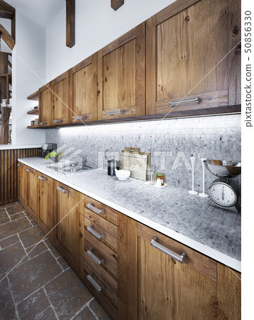 Large beautiful kitchen in a rustic style. Large beautiful kitchen in a rustic style. 50856330