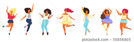 Bundle of dancing different young pretty girls. Modern flat colorful vector illustration. 50856803