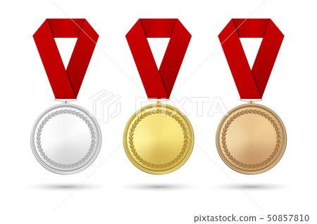 Vector 3d Realistic Gold, Silver and Bronze Award Medal Icon Set with Color Ribbons Closeup Isolated 50857810