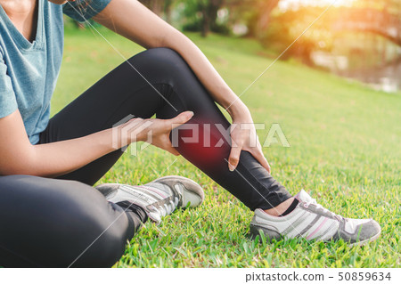 Young woman asian have accident leg twist sprain Young woman asian have accident leg twist sprain 50859634