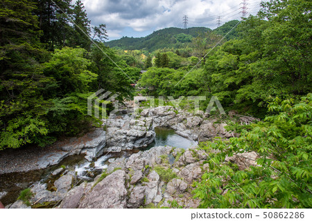 Akigawa Valley fresh green from the stone bridge Akigawa Valley fresh green from the stone bridge 50862286