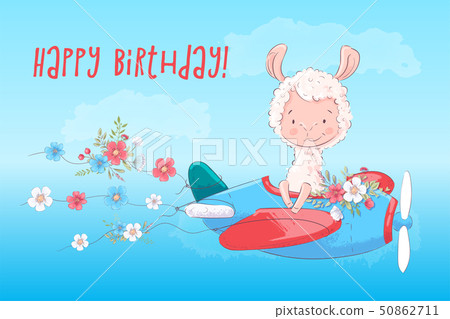 Illustration of a greeting card or princess for a children's room - Lama on a plane with flowers Illustration of a greeting card or princess for a children's room - Lama on a plane with flowers 50862711