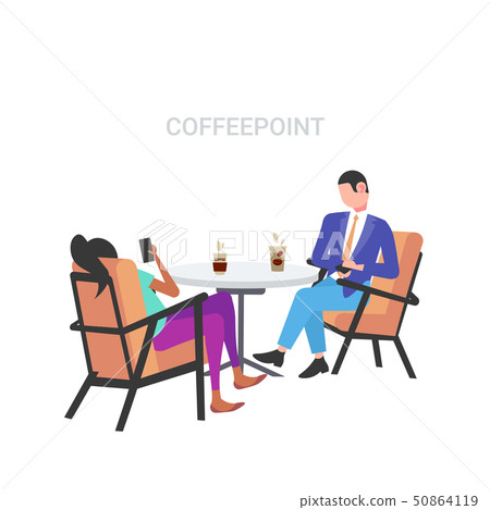 businesspeople using smartphones during corporate break business man woman coworkers sitting cafe businesspeople using smartphones during corporate break business man woman coworkers sitting cafe 50864119