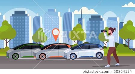 casual man looking through binoculars searching automobile with location pin rent car sharing 50864154
