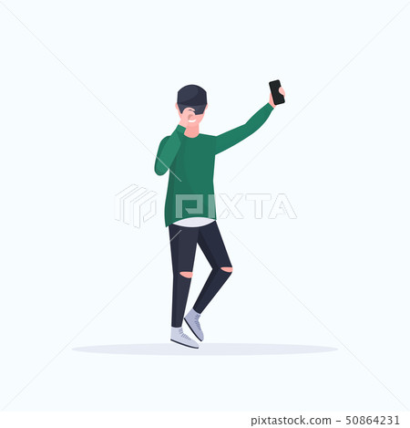 man taking selfie photo on smartphone camera casual male cartoon character posing on white man taking selfie photo on smartphone camera casual male cartoon character posing on white 50864231
