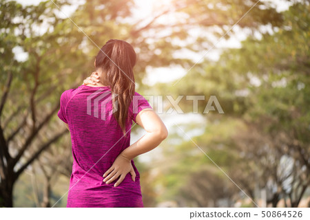Tired Young asian Sport girl feel pain on her back Tired Young asian Sport girl feel pain on her back 50864526
