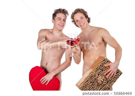 Two funny naked guys holding glasses with red wine Two funny naked guys holding glasses with red wine 50866469