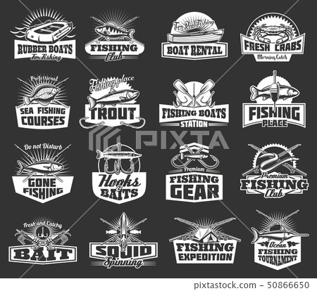 Fishing club adventure, fish catch tackles icons 50866650