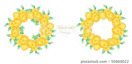 Set of orange fruit and green leaves wreath. 50868022
