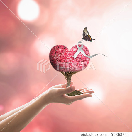 White ribbon awareness on red love heart tree  50868791