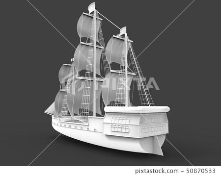 Three-dimensional raster illustration of an ancient sailing ship on a gray background with soft 50870533