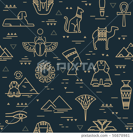 Dark seamless pattern of symbols, landmarks, and signs of Egypt from icons in a line style. 50878981