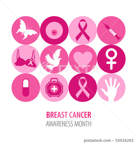 Breast cancer illustration of pink icons with symbol ribbon. Breast cancer illustration of pink icons with symbol ribbon. 50916262