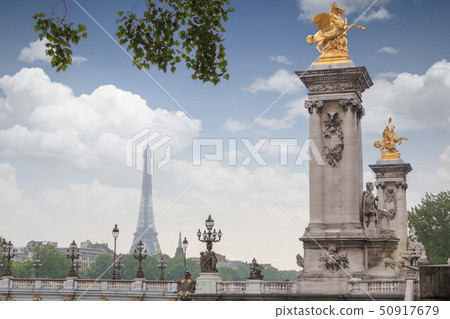 Golden monuments on the bridge Pont Alexander III bridge in Paris overlooking the background the 50917679