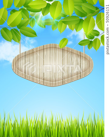 Green leaves and wooden banner Green leaves and wooden banner 50926151