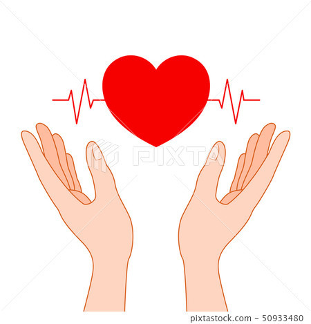 Human hands holding red heart shape with ecg line. Human hands holding red heart shape with ecg line. 50933480
