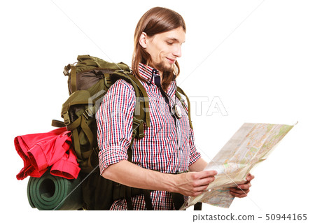 Man tourist backpacker reading map. Summer travel. Man tourist backpacker reading map. Summer travel. 50944165