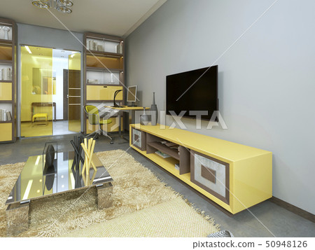 TV unit in living room with yellow TV on the wall. 50948126