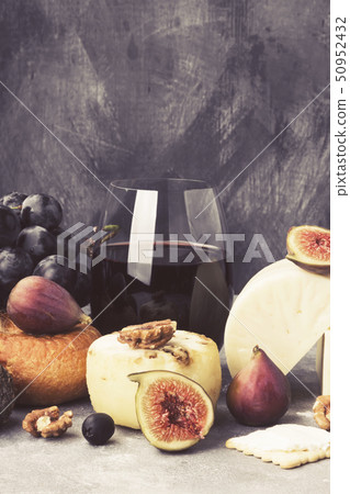 Snacks with wine - various types of cheeses, figs, Snacks with wine - various types of cheeses, figs, 50952432