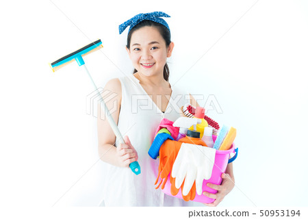 Woman with cleaning supplies and detergents Woman with cleaning supplies and detergents 50953194