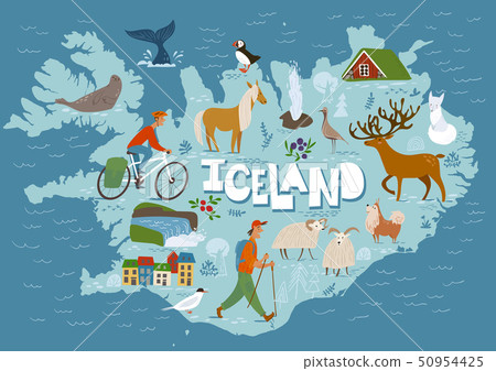 Travel vector map of Iceland with animals and landscapes. 50954425