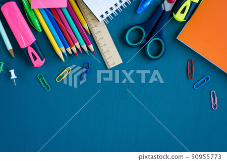 School supplies on blue background School supplies on blue background 50955773