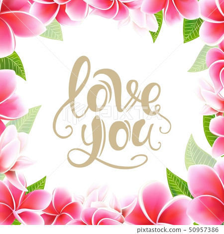 Wedding invitation card floral plumeria frame and lettering postcard template 50957386