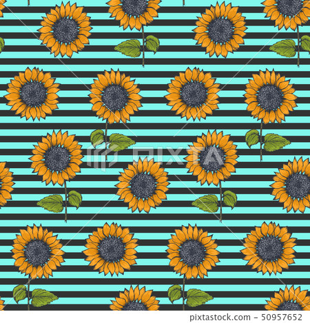 Retro pattern with sunflower on striped background Retro pattern with sunflower on striped background 50957652
