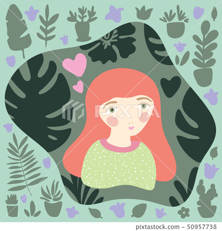 Red-haired girl in green jersey with dotted pattern. Gardening and planting hobby for children. Red-haired girl in green jersey with dotted pattern. Gardening and planting hobby for children. 50957738