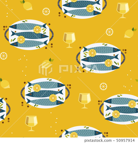 Flat hand drawn fish cooking icons seamless pattern 50957914