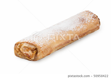 Baking puff pastry. Sweet pastry with apple, powdered sugar jam on a white background. Baking puff pastry. Sweet pastry with apple, powdered sugar jam on a white background. 50958422