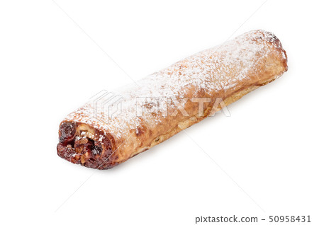 Baking puff pastry. Sweet pastries with cherries, powdered sugar jam on a white background. Baking puff pastry. Sweet pastries with cherries, powdered sugar jam on a white background. 50958431