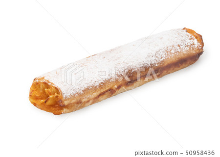 Baking puff pastry. Sweet pastry with pumpkin, powdered sugar jam on a white background. Baking puff pastry. Sweet pastry with pumpkin, powdered sugar jam on a white background. 50958436