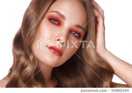 Beautiful fresh girl with perfect skin, bright red make up. Beauty face. 50960264