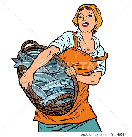 woman fisherman with a basket of fish. oceanic herring and cod woman fisherman with a basket of fish. oceanic herring and cod 50960483