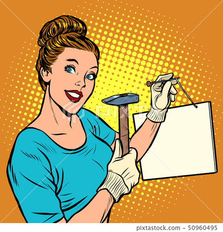 woman nails a sign information announcement woman nails a sign information announcement 50960495