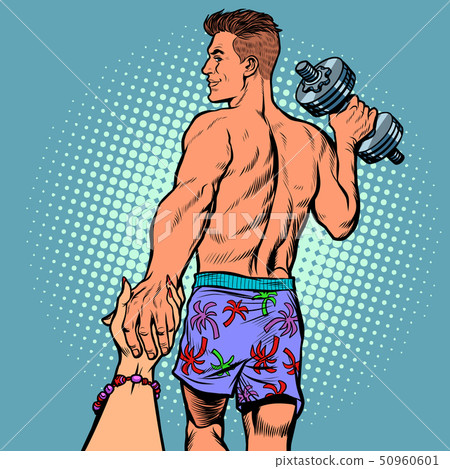 follow me man with dumbbells. sports and fitness 50960601