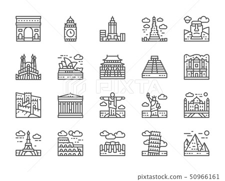 Set of World Landmark Line Icons. Egypt, Italy, United Kingdom, France and more. 50966161